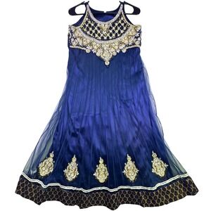 Royal Blue Gold Anarkali Gown Women's Small Embellished Sleeveless Formal Indian